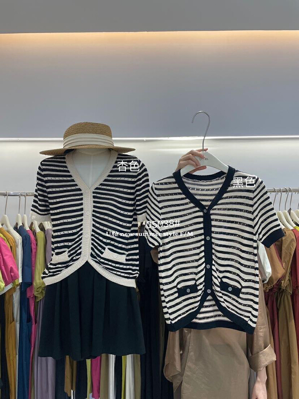 [U grain] Korean color contrast stripe short sleeve T-shirt 05038\hbx