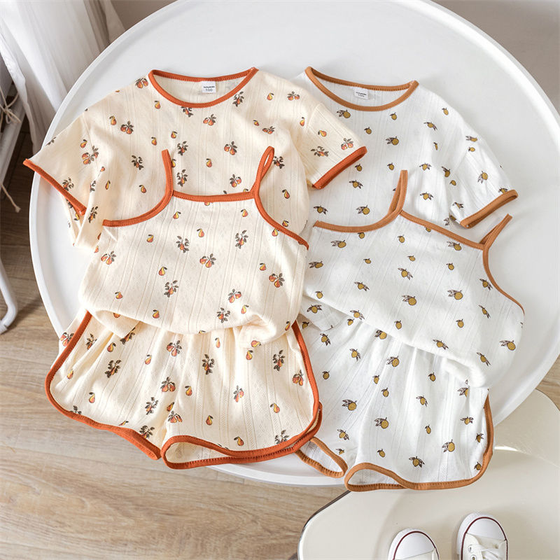 Girls' summer suit foreign style printed three piece short sleeve T-shirt home clothes loose shorts vest summer wear out