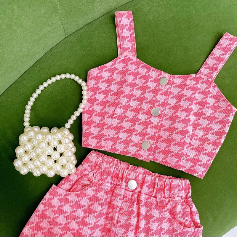 Girls' two-piece Vest + skirt 2022 summer baby fried Street pink half skirt thousand bird lattice sling set