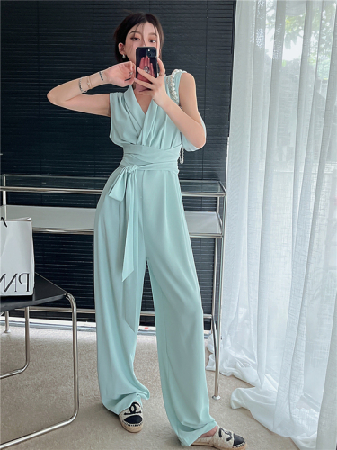 Real shot real price Korean Jumpsuit V-neck sleeveless temperament high waist Jumpsuit strap hanging feeling thin wide leg pants