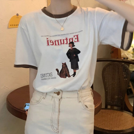 200g cotton summer haoanban loose round neck print stitched short sleeve T-shirt versatile women's top ins fashion