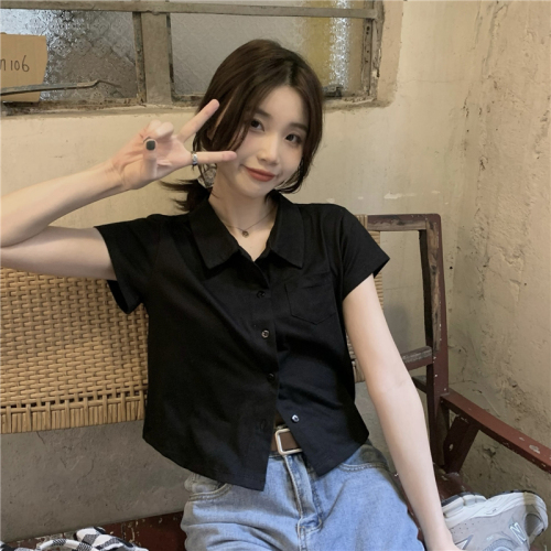 Real price black polo collar short sleeve T-shirt women's Korean version simple design sense versatile short top