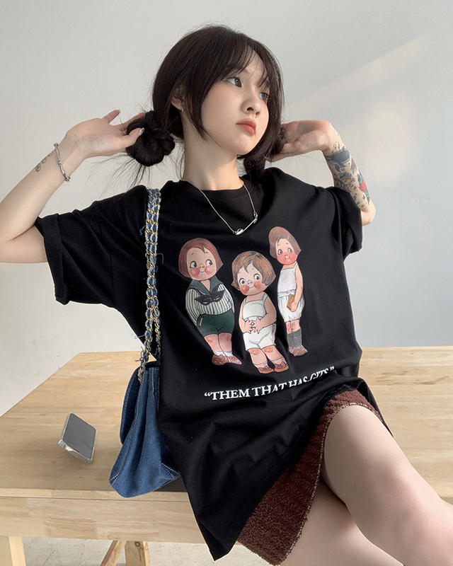 Wrap collar 2022 short sleeve medium long T-shirt women's loose design sense of minority lower garment missing top ins fashion