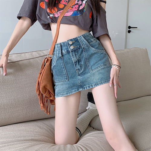 Real price hot girl high waist washed Vintage Jeans Skirt