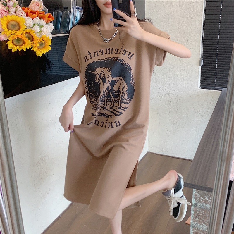 Real price real shot Unicorn large face printed short sleeve dress women's summer long rolled sleeves split T-shirt skirt