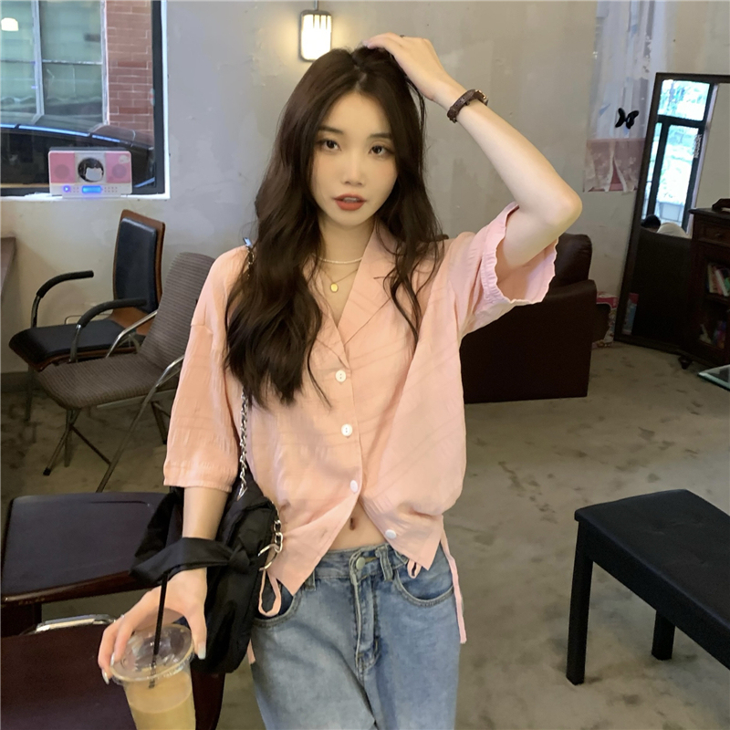 Real price V-neck short sleeve shirt women's summer 2022 drawstring design sense of niche short top