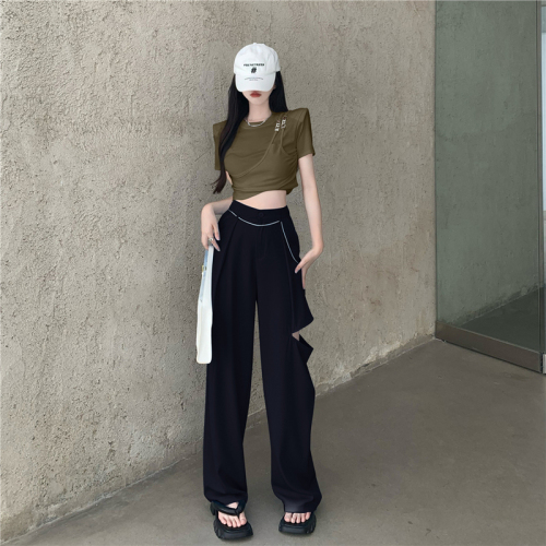 Real price round neck fake two short sleeve t+ pierced suit pants suit