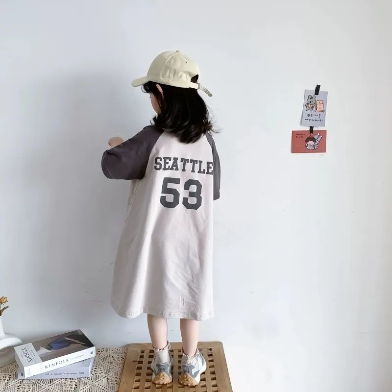 Cotton girls' multi sleeved dress 2022 new summer children's Dress Girls' letter print long t-dress