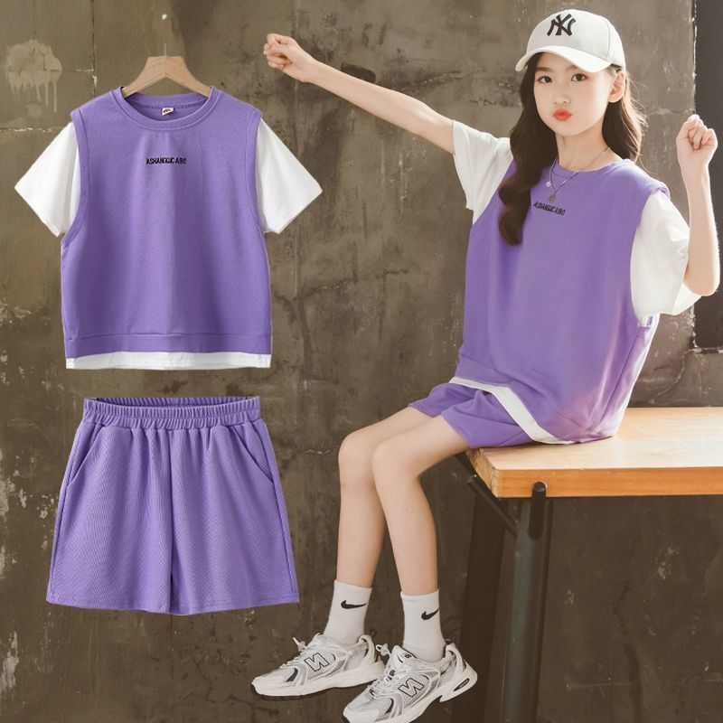 Girls' summer suit ball suit new children's 12-year-old foreign style summer short sleeve shorts sweatpants 2-piece loose