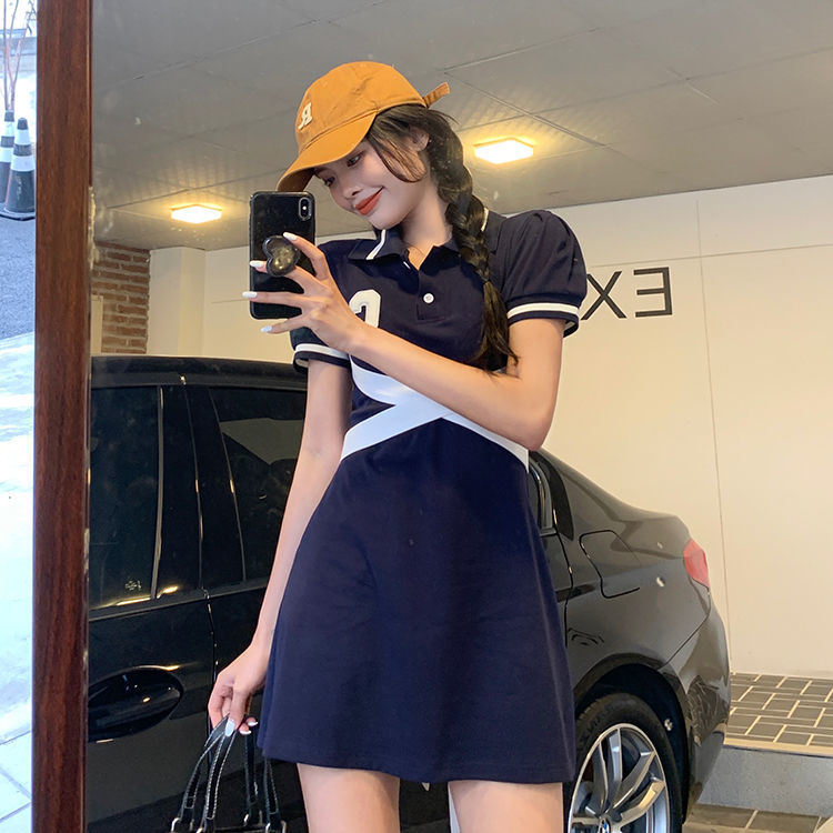 Pure sexy girl small polo dress women's summer design sense of minority close waist lace up slim A-line skirt