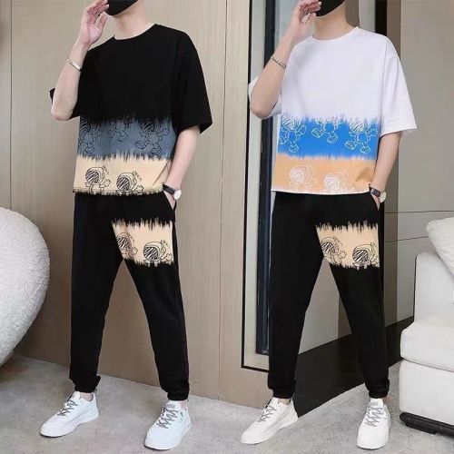 Leisure sports suit men's summer  new trend Korean loose short sleeve cropped pants handsome two-piece set