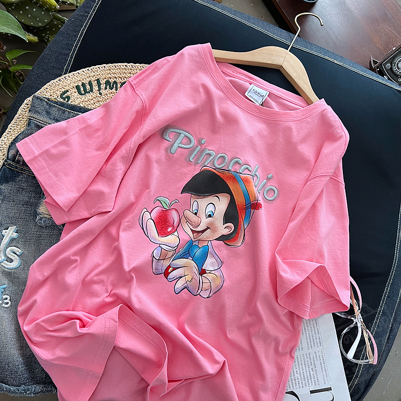 2022 new summer thin cotton soft and smooth Pinocchio printed letters aging half sleeve T-shirt college style ins fashion