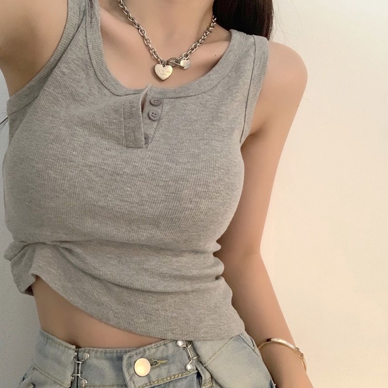Basic suspender vest women's summer design sense of minority short pure sexy girl button sleeveless top