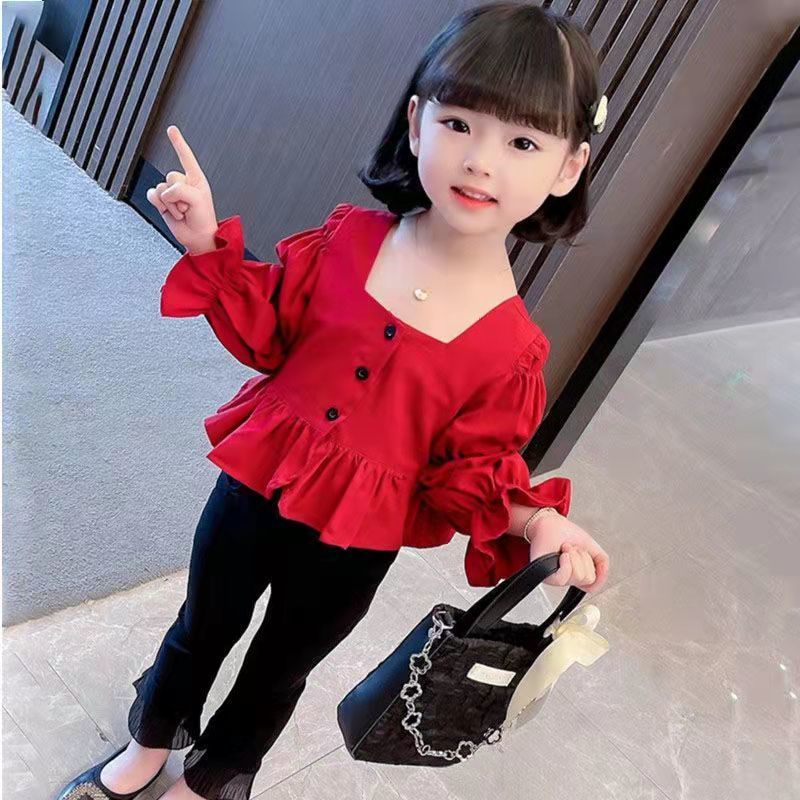 Girls' spring suit 2022 new Korean version fashionable children's shirt bell bottomed pants girls' baby exotic two-piece set