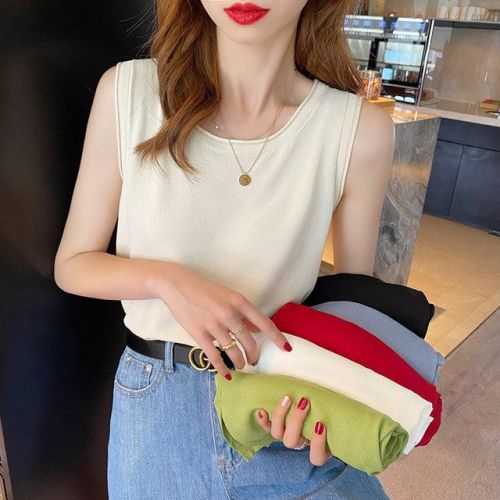 Thin vest women wear summer suit outside with ice silk white knitted suspender sleeveless T-shirt bottom top
