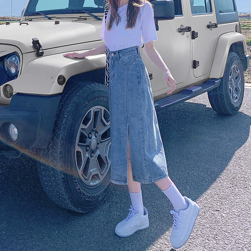 Denim skirt women's high waist thin split 2022 summer new loose Korean versatile slim A-line skirt trend