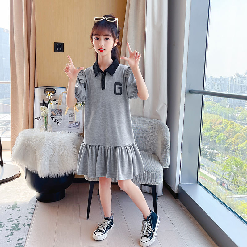 Girls' dress summer 2022 new middle and large children's pop fashion foreign style short sleeve Princess summer Polo skirt