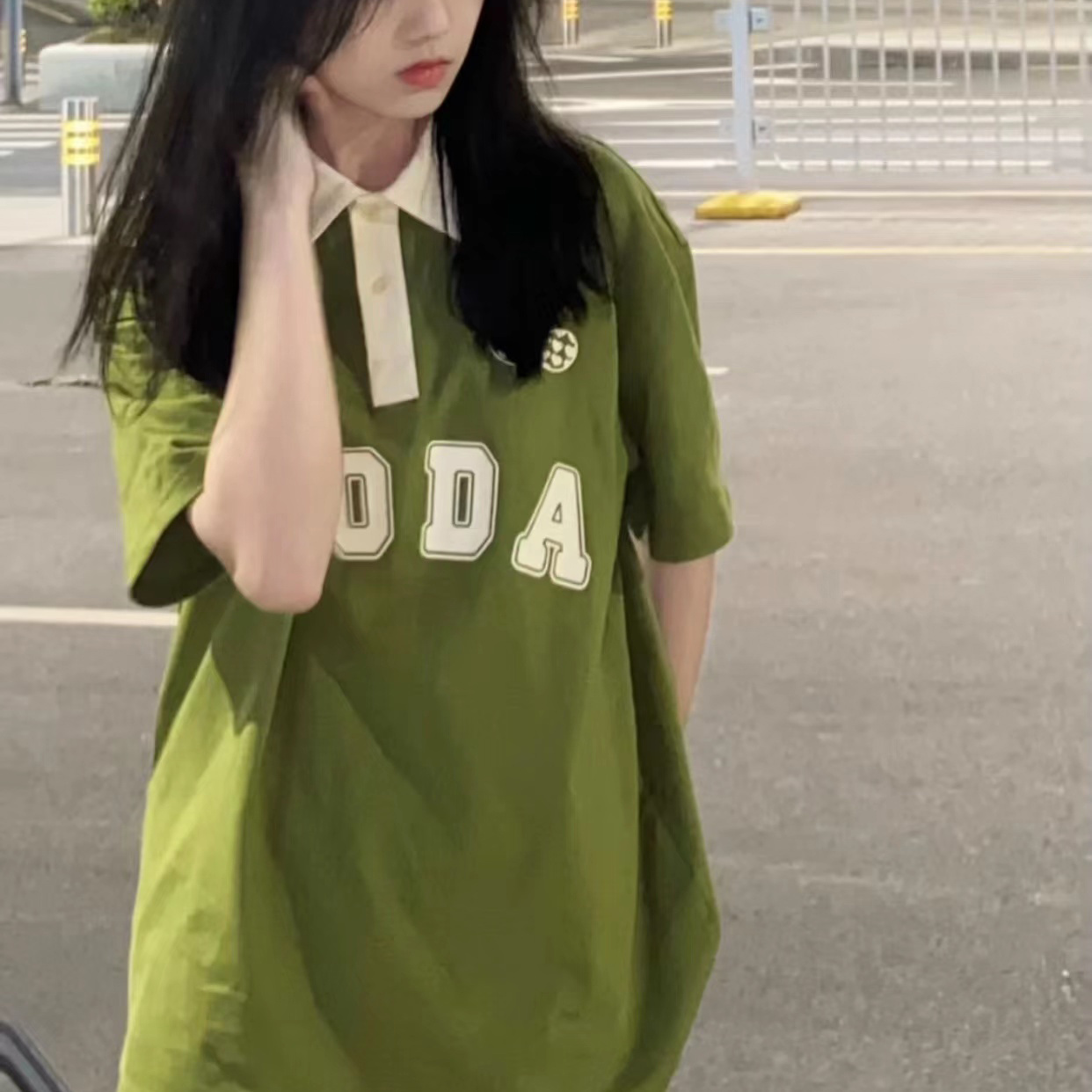 Short sleeve T-shirt women's 2022 summer new polo collar American retro Avocado Green sweet cool girl top fashion