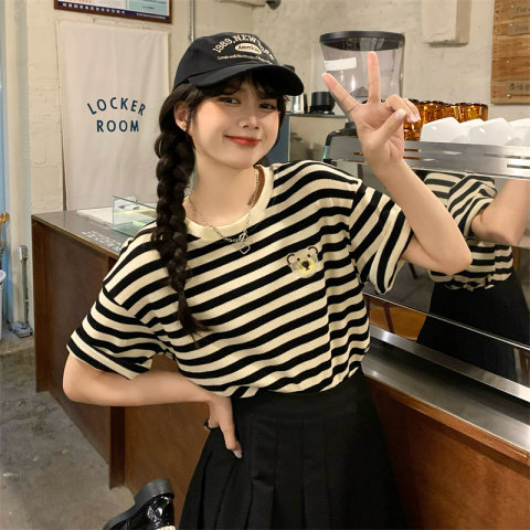 Official figure real price 2022 new short sleeve T-shirt women's Embroidery stripe
