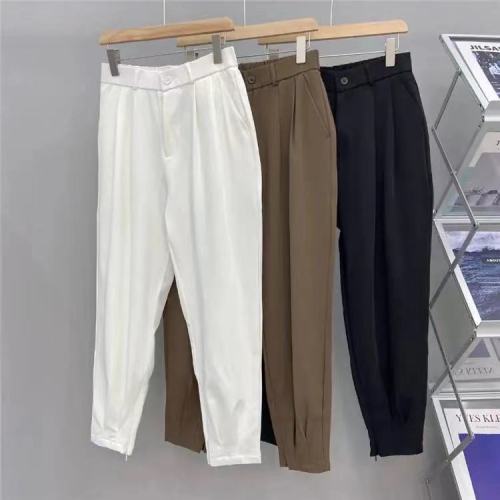 Cropped pants men's ice silk white small trousers thin style trend versatile drop feeling solid color small foot casual pants