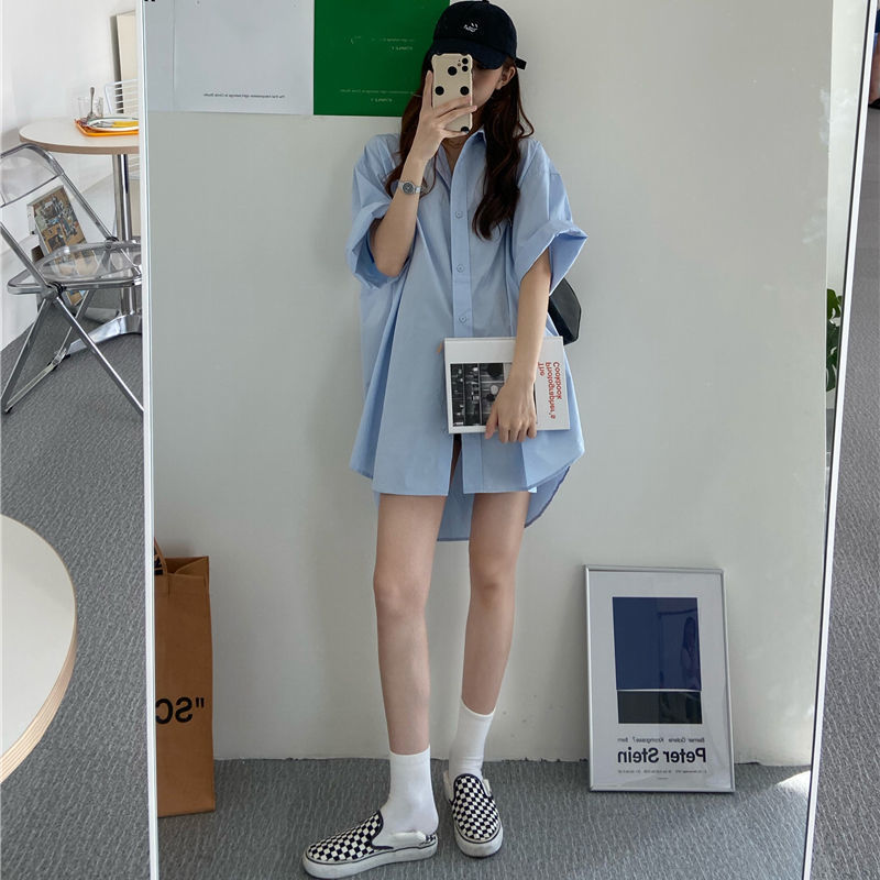 Short sleeve blue shirt blouse jacket Korean version loose medium length BF style top foreign fashion shirt skirt fashion