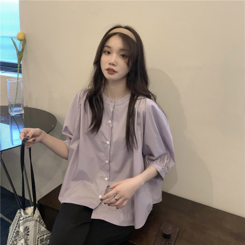 Real price! Purple bubble sleeve hem curved shirt Korean loose small fresh sweet shirt