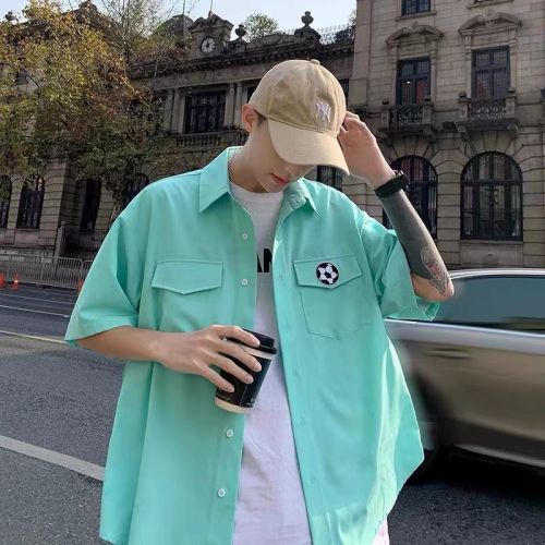Hong Kong style solid color short sleeve shirt men's summer fashion brand ins loose and versatile ruffian handsome shirt coat thin style niche
