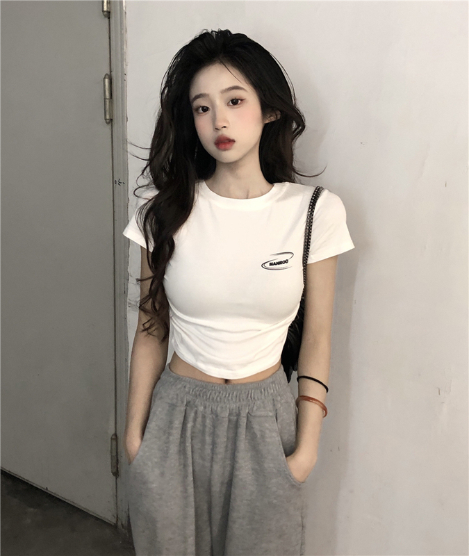 Real shooting of hot girls pure desire cotton short high waist exposed navel short top letter is not a brand