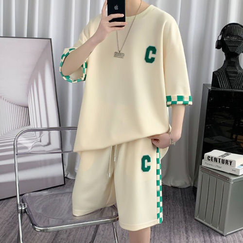 Checkerboard sportswear suit men's summer couple heavy short sleeve Shorts Youth Men's wear with a set of handsome