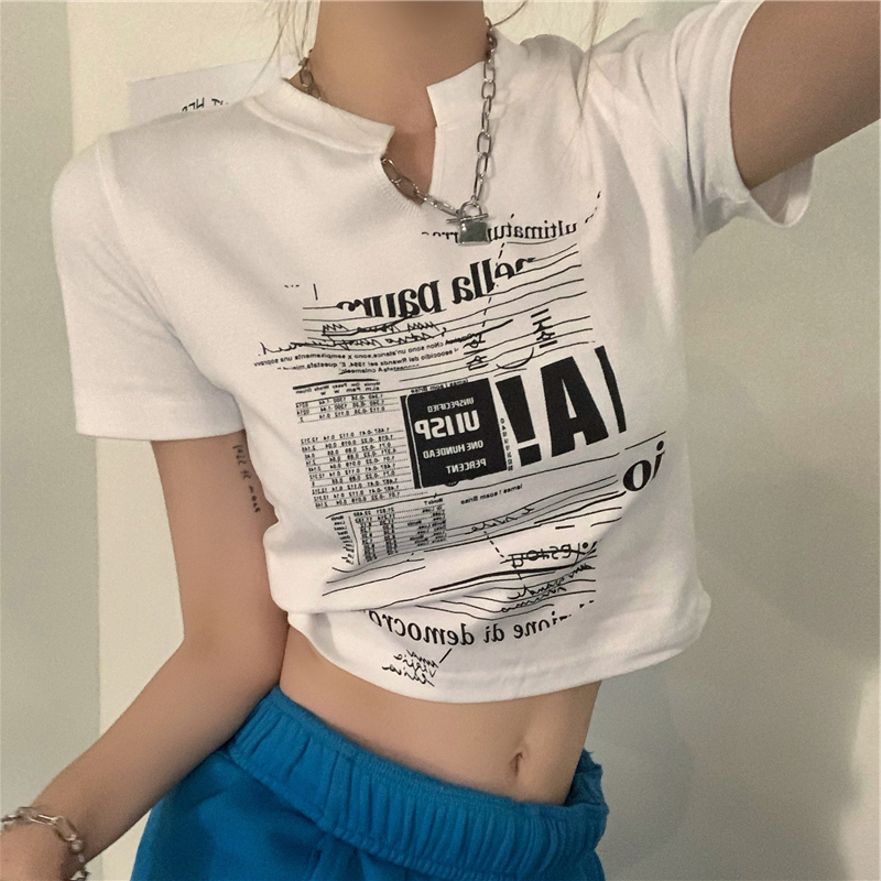 Official figure rib American retro V-neck short sleeve T-shirt women's summer