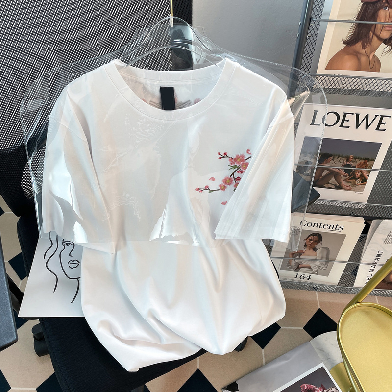 Cotton 2022 summer design embroidered flowers short sleeve T-shirt ring spinning wool versatile top ins fashion
