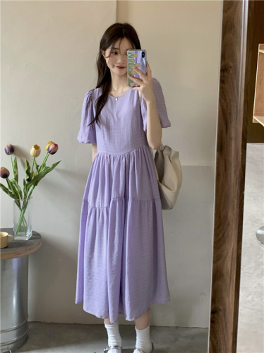 Real price! Purple bubble sleeve dress women's Korean Retro High Waist loose short sleeve pleated long skirt