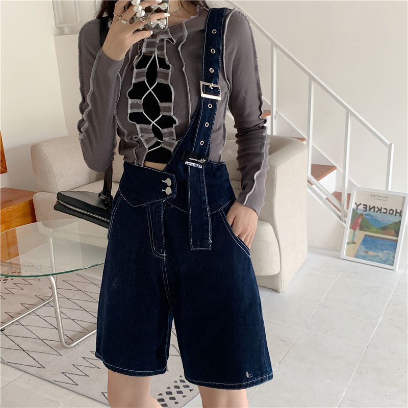 Large one shoulder denim suspender shorts women's summer thin Korean loose fat mm aging Spice Girls suspender Jumpsuit