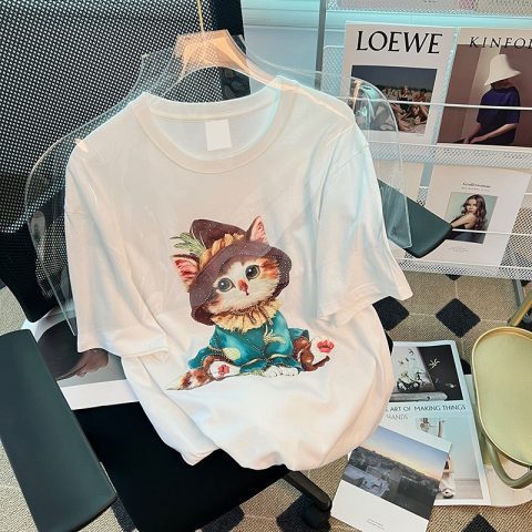 Cotton official figure Korean cartoon cat printed short sleeve T-shirt loose and versatile top
