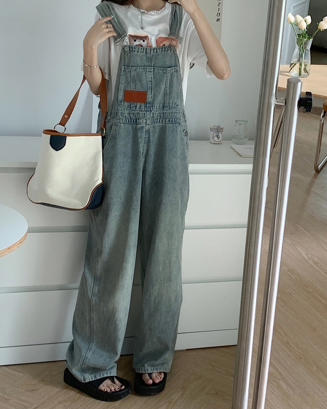 Real auction real price Retro Vintage feeling loose age reducing cowboy suspenders women's wide leg pants dad pants
