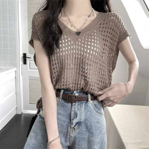 Real price and real shooting short sleeve hollow out sweater women's summer cover up Shirt Short V-neck top sweet blouse