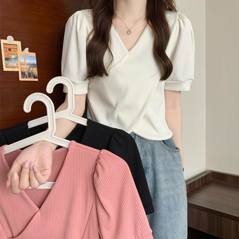 Girlish cross V-neck design top new summer style slim short sleeve niche short unique shirt