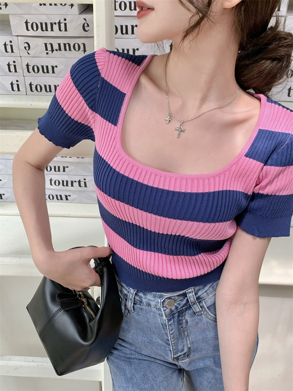 Real shooting and real price summer new color contrast striped square neck sweater short sleeve blouse women
