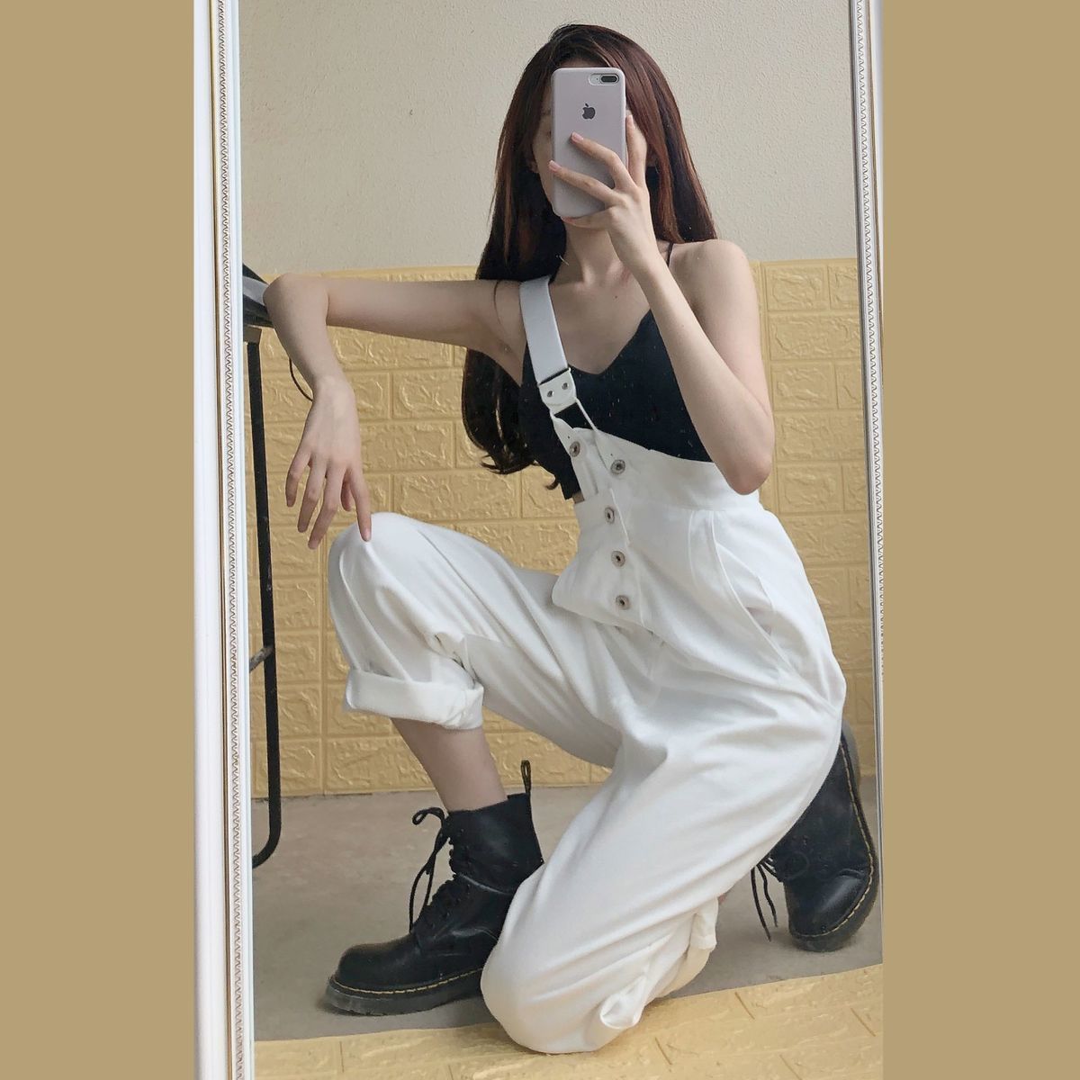 Denim suspender women's 2022 new spring and summer net red one shoulder niche design feeling loose slim trend pants