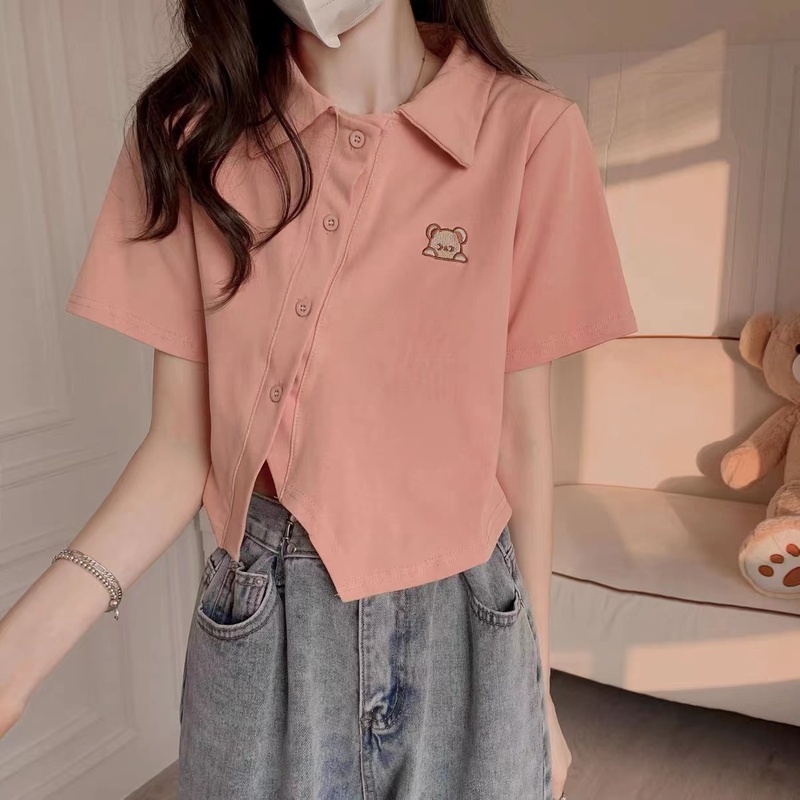 Cotton wrap collar! Polo collar embroidered short sleeve T-shirt women