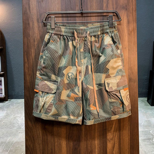 Summer thin camouflage overalls shorts men's fashion brand loose thin ins casual drawstring wear-resistant large cropped pants