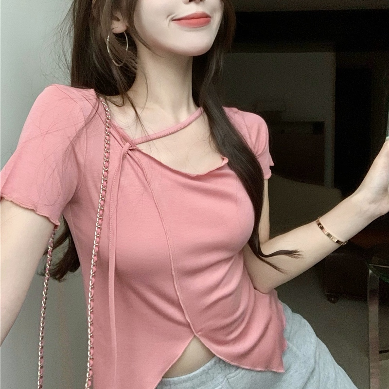 Official figure Imitation cotton 95% polyester 5% spandex T-shirt ins damp irregular design sense small public exposed collarbone