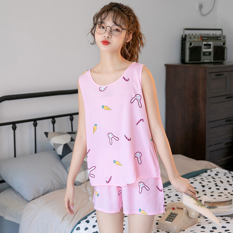 Pajamas female summer cotton silk Korean version small fresh student sleeveless shorts home clothes female summer loose vest can be worn outside