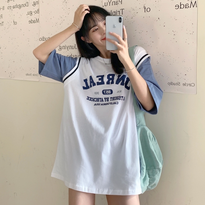 Real auction real price 6535 pull frame cotton short sleeve T-shirt women's middle and long fake two piece bomber