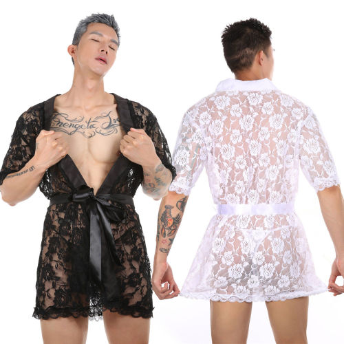 Men's super sexy perspective seductive interest Nightgown lace transparent thong bathrobe home suit