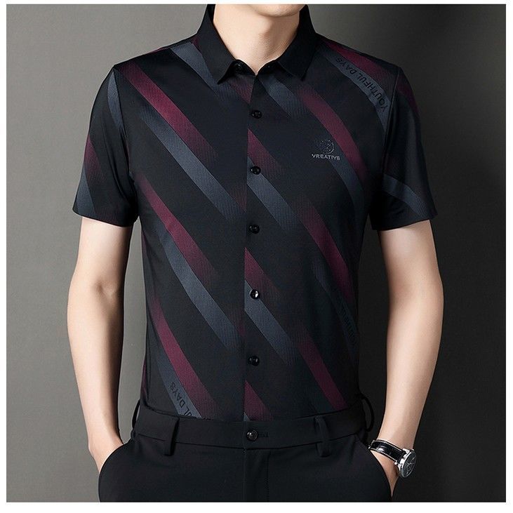 Business men's summer new diagonal stripe business men's large elastic nylon ammonia ironing free shirt
