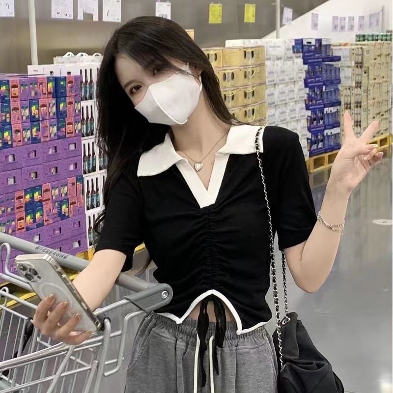 Black shoulder drawstring short sleeve T-shirt women's summer 2022 new design sense of minority slim short top