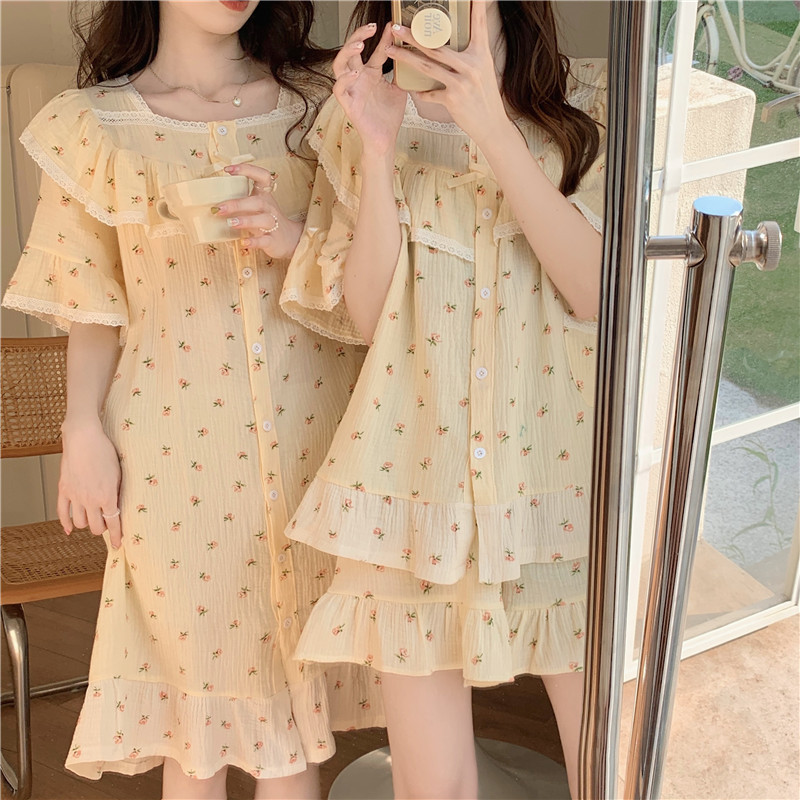 Real price summer sweet soft cotton double yarn small broken flower flounce LACE SHORT SLEEVE suit nightdress home clothes