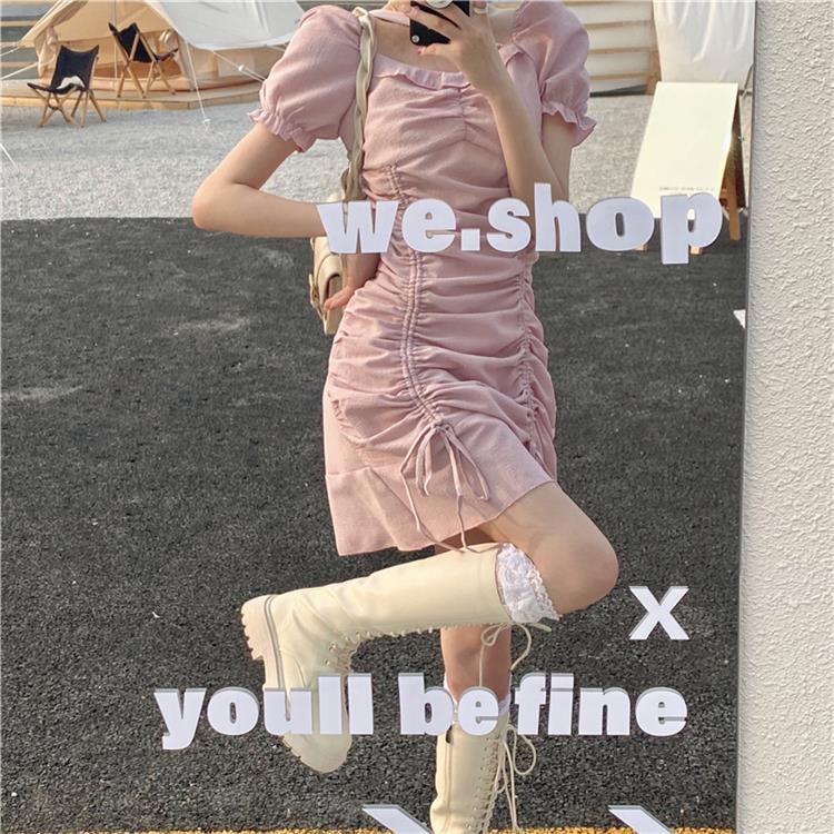 Fishtail dress women's new summer temperament design feeling pleated minority short sleeve square neck first love Black Ruffle Skirt