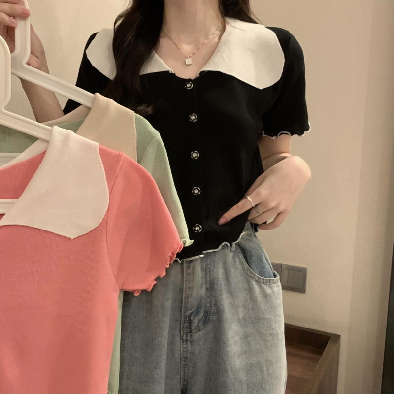 Real price retro doll collar wood ear short sleeve knitted cardigan design sense of minority loose short top